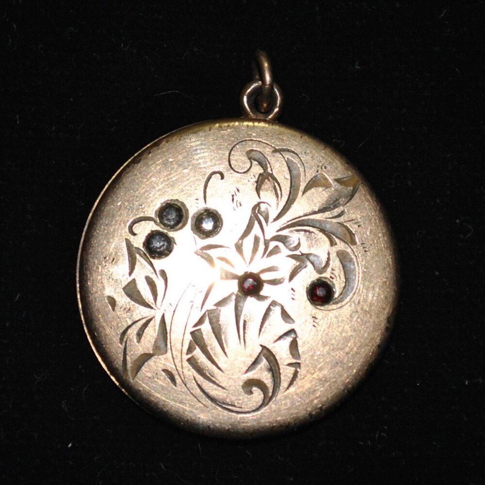 Antique Gold-filled Engraved Locket with Rhinestones & a Woman's Photo